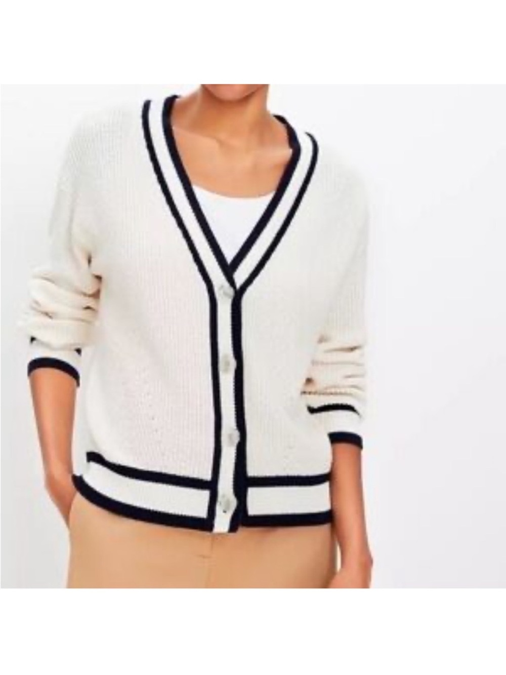 Classic Ivory V‑Neck Cardigan with Navy Trim